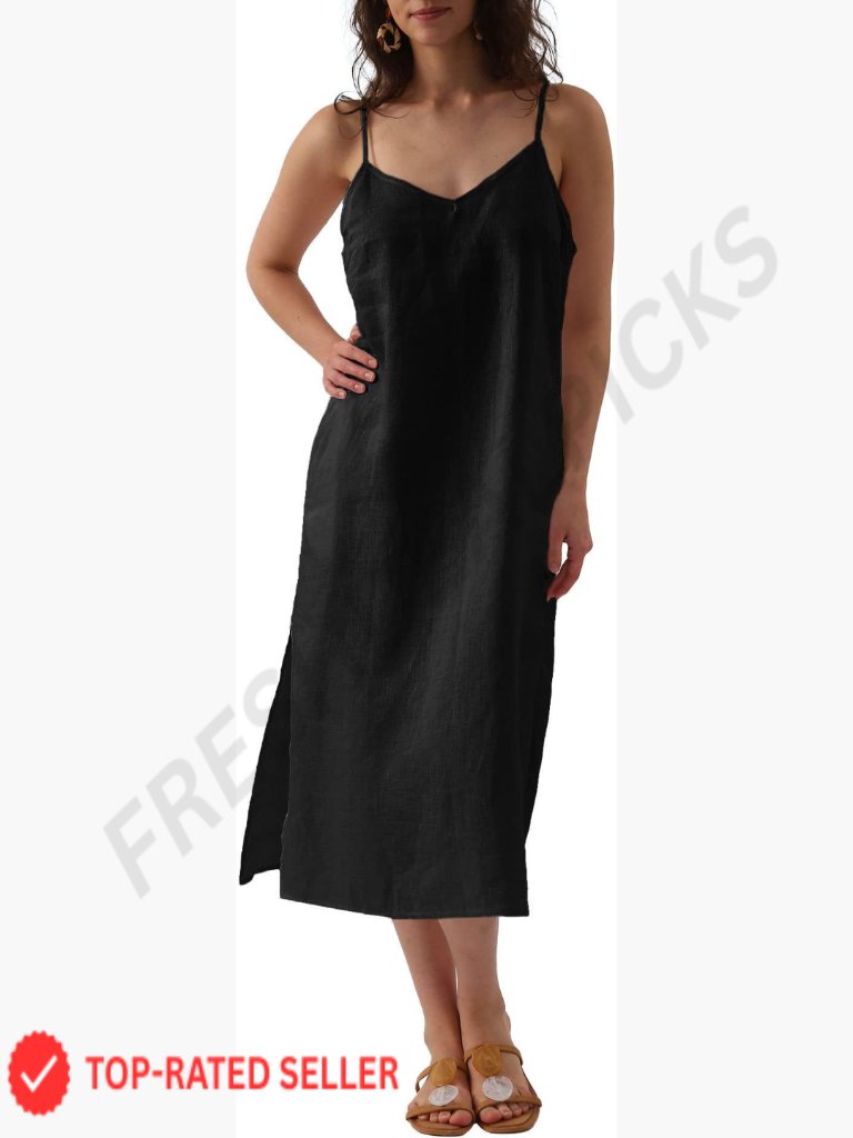 Linen Midi Slip Dress V-Neck Adjustable Straps Sleeveless Pockets